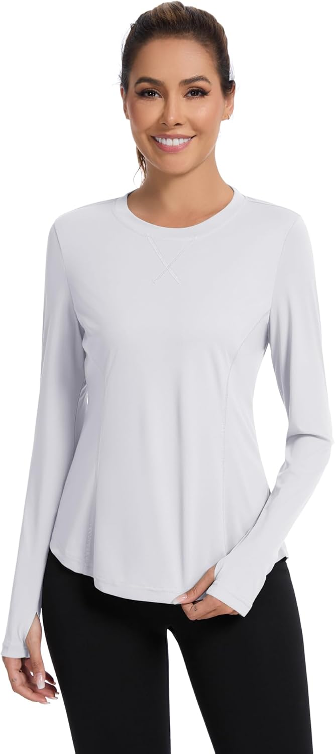Women UPF 50+ UV Shirts Long Sleeve with Thumb Holes Workout Sun Shirt Quick Dry Athletic Hiking--Grey