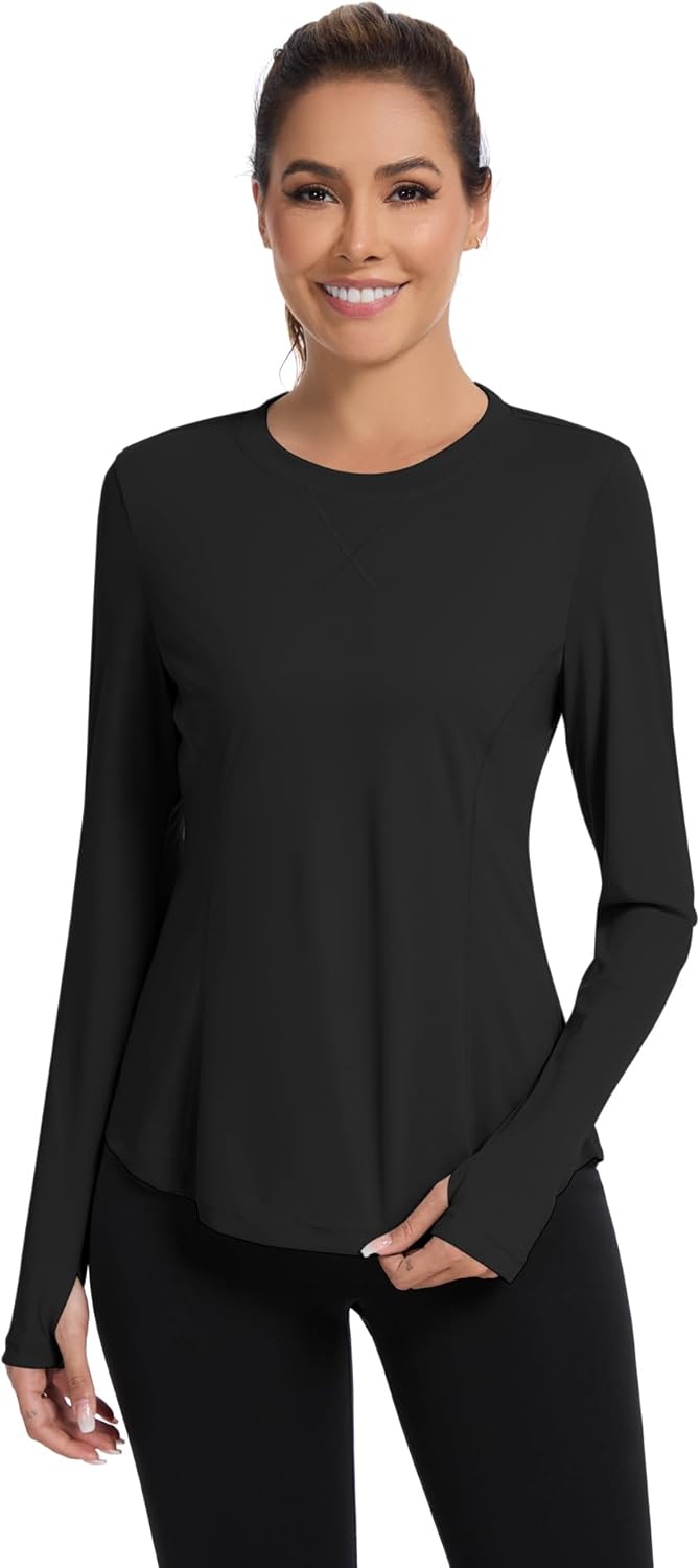 Women UPF 50+ UV Shirts Long Sleeve with Thumb Holes Workout Sun Shirt Quick Dry Athletic Hiking--Black