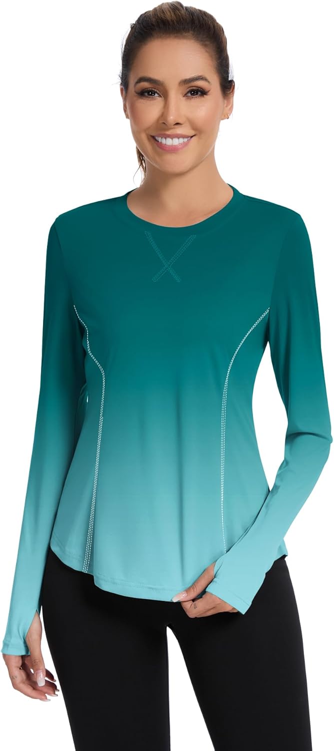 Women UPF 50+ UV Shirts Long Sleeve with Thumb Holes Workout Sun Shirt Quick Dry Athletic Hiking--Gradient Blue
