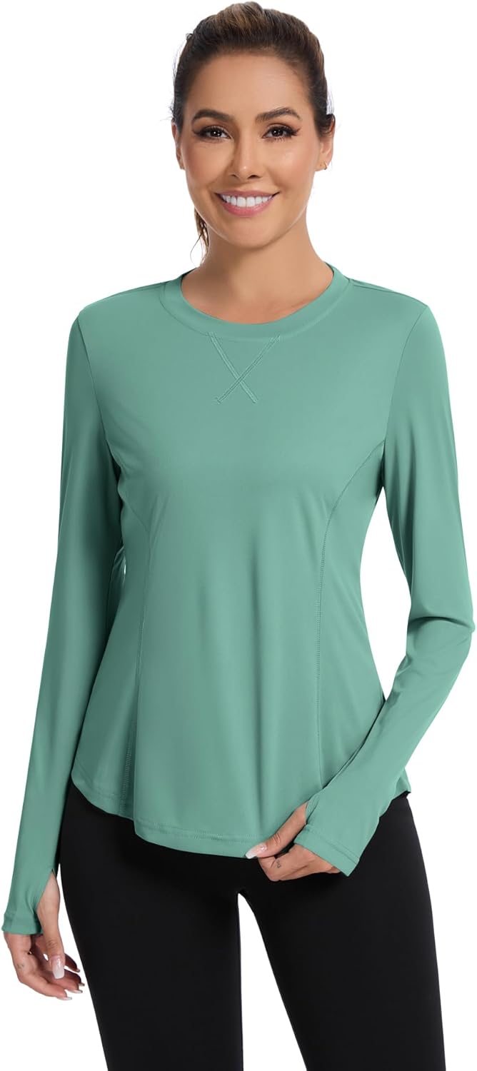 Women UPF 50+ UV Shirts Long Sleeve with Thumb Holes Workout Sun Shirt Quick Dry Athletic Hiking--Black