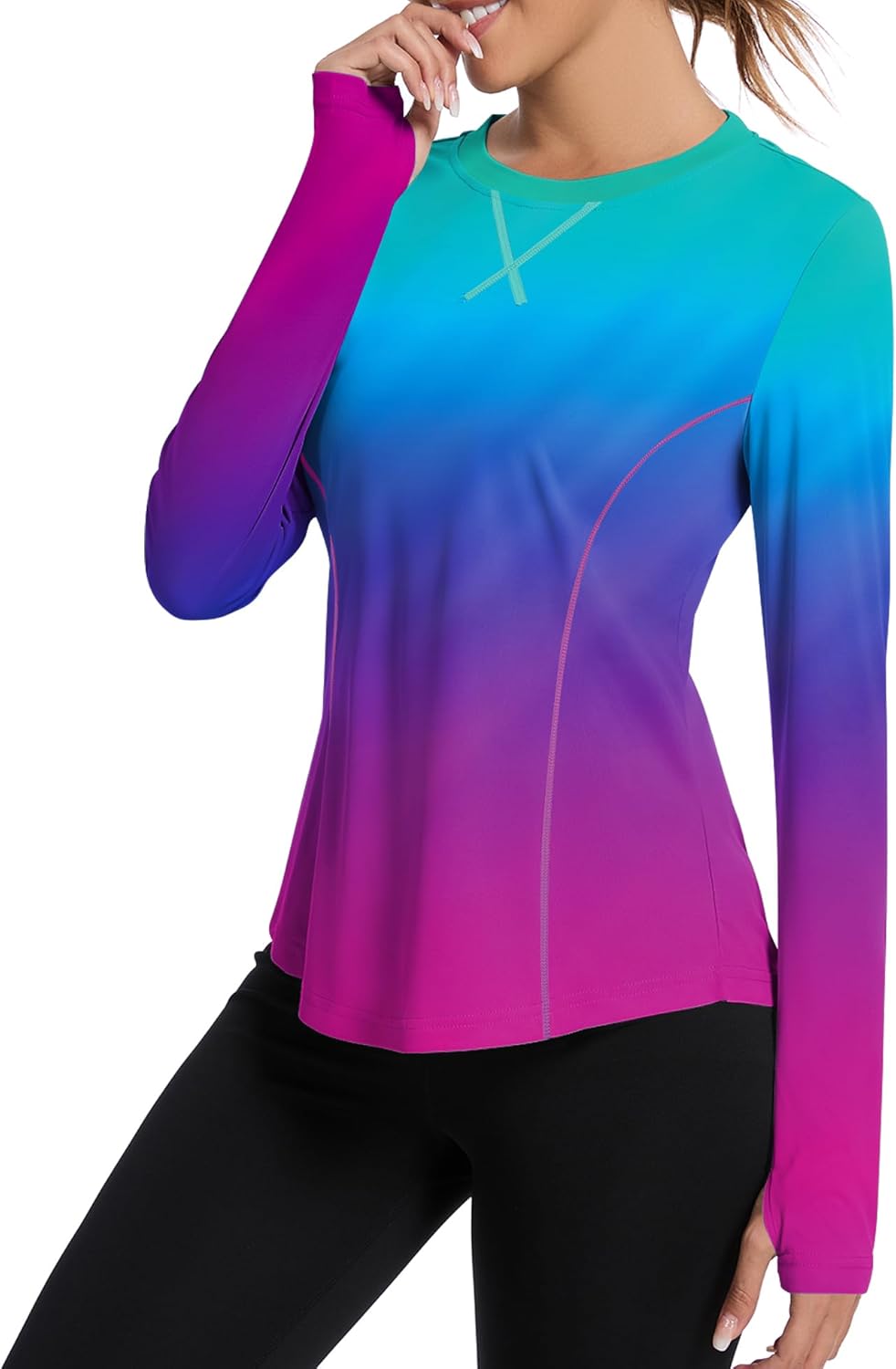 Women UPF 50+ UV Shirts Long Sleeve with Thumb Holes Workout Sun Shirt Quick Dry Athletic Hiking--Black