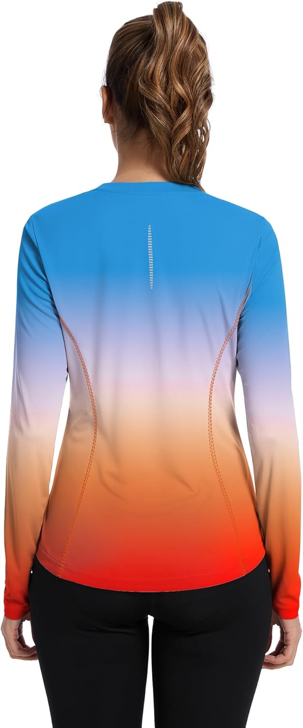 Women UPF 50+ UV Shirts Long Sleeve with Thumb Holes Workout Sun Shirt Quick Dry Athletic Hiking--Gradient Rainbow