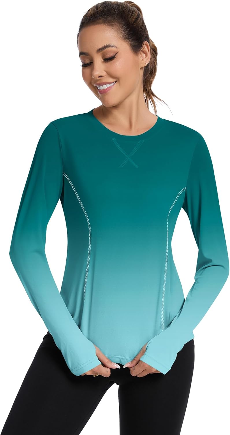 Women UPF 50+ UV Shirts Long Sleeve with Thumb Holes Workout Sun Shirt Quick Dry Athletic Hiking--Gradient Blue