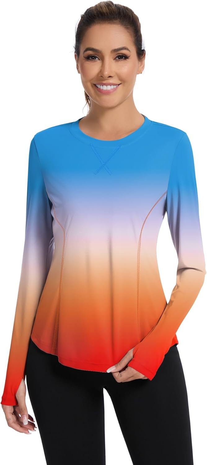 Women UPF 50+ UV Shirts Long Sleeve with Thumb Holes Workout Sun Shirt Quick Dry Athletic Hiking--Gradient Rainbow