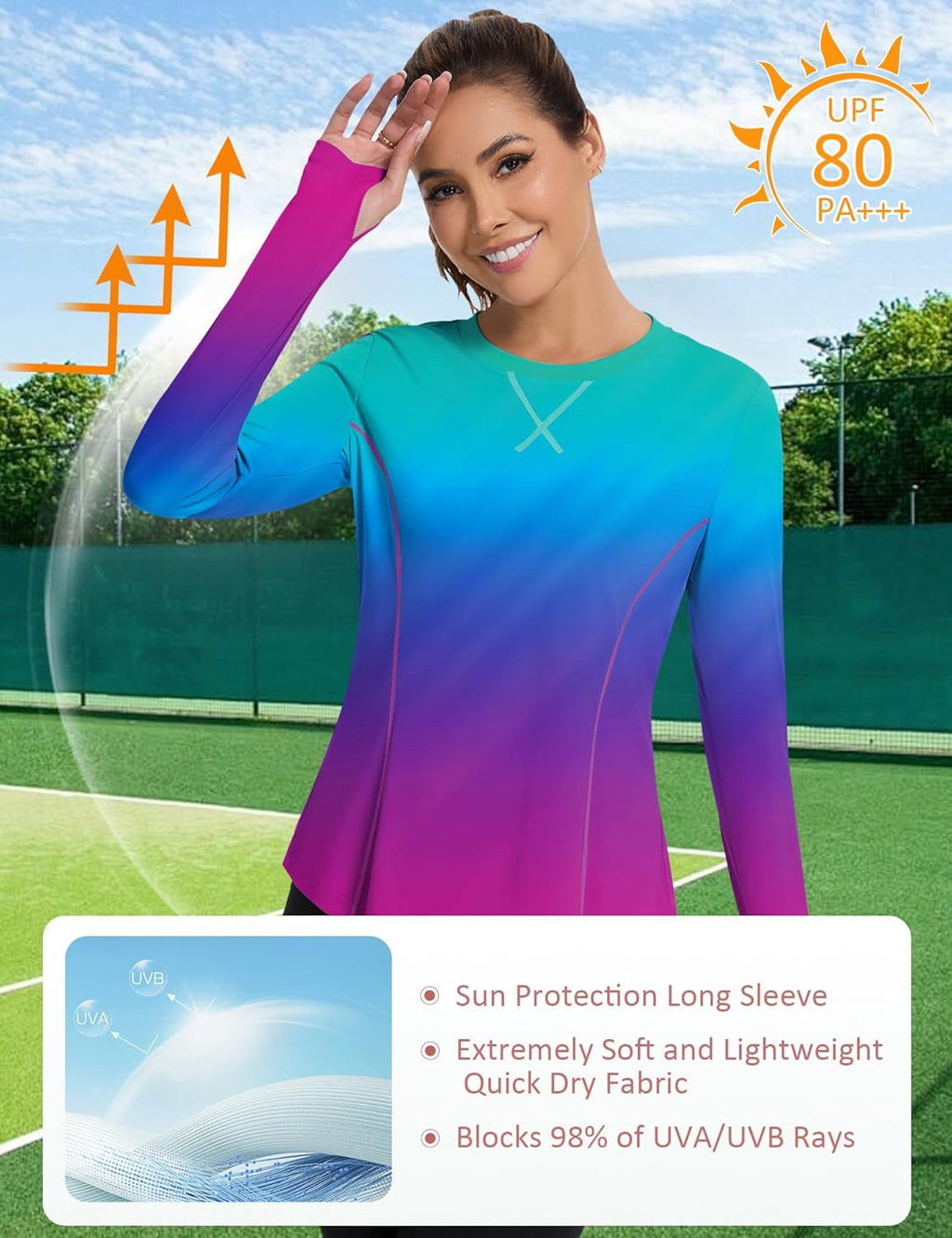 Women UPF 50+ UV Shirts Long Sleeve with Thumb Holes Workout Sun Shirt Quick Dry Athletic Hiking--Black
