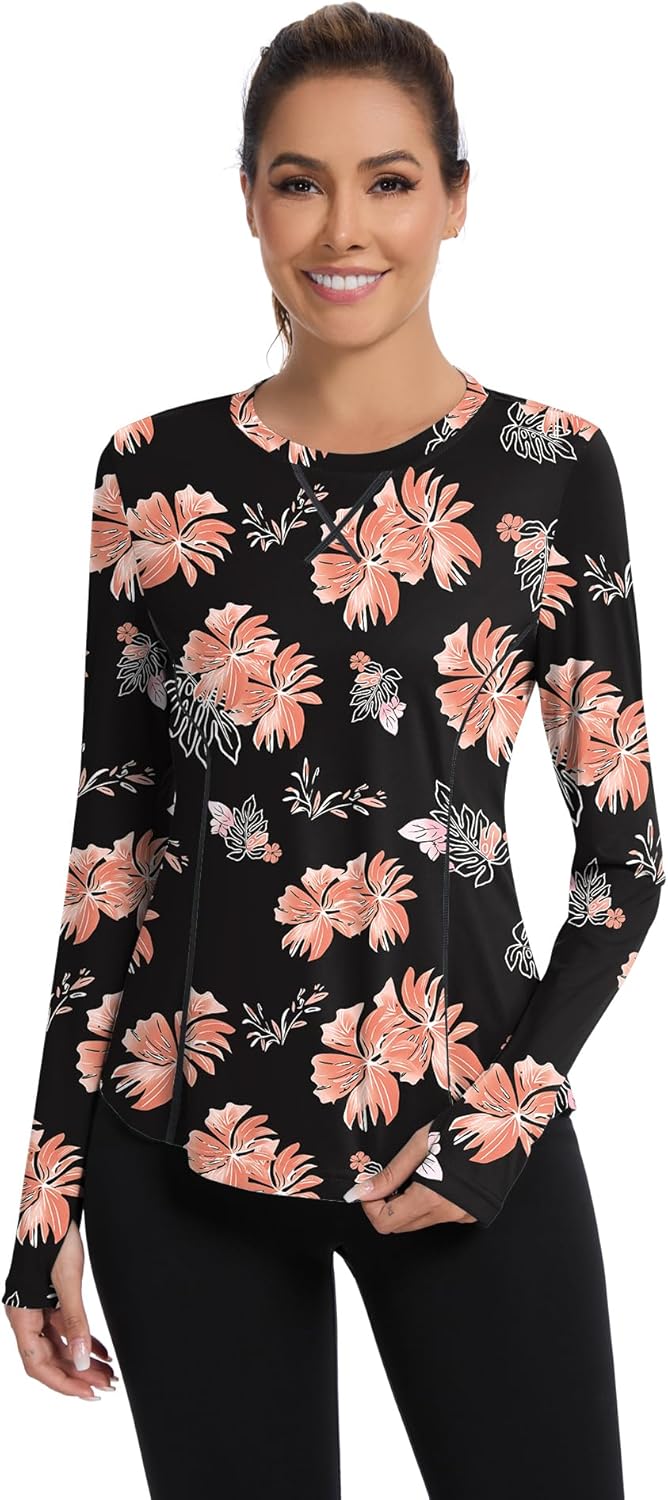 Women UPF 50+ UV Shirts Long Sleeve with Thumb Holes Workout Sun Shirt Quick Dry Athletic Hiking--Black Floral