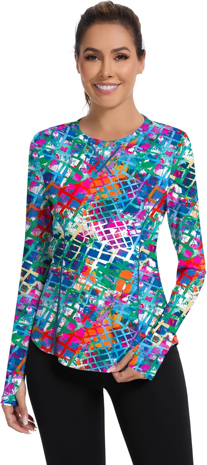 Women UPF 50+ UV Shirts Long Sleeve with Thumb Holes Workout Sun Shirt Quick Dry Athletic Hiking--Black