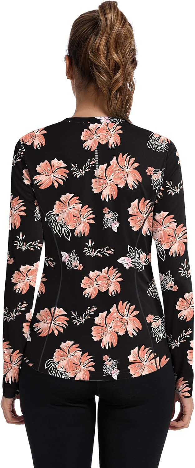 Women UPF 50+ UV Shirts Long Sleeve with Thumb Holes Workout Sun Shirt Quick Dry Athletic Hiking--Black Floral