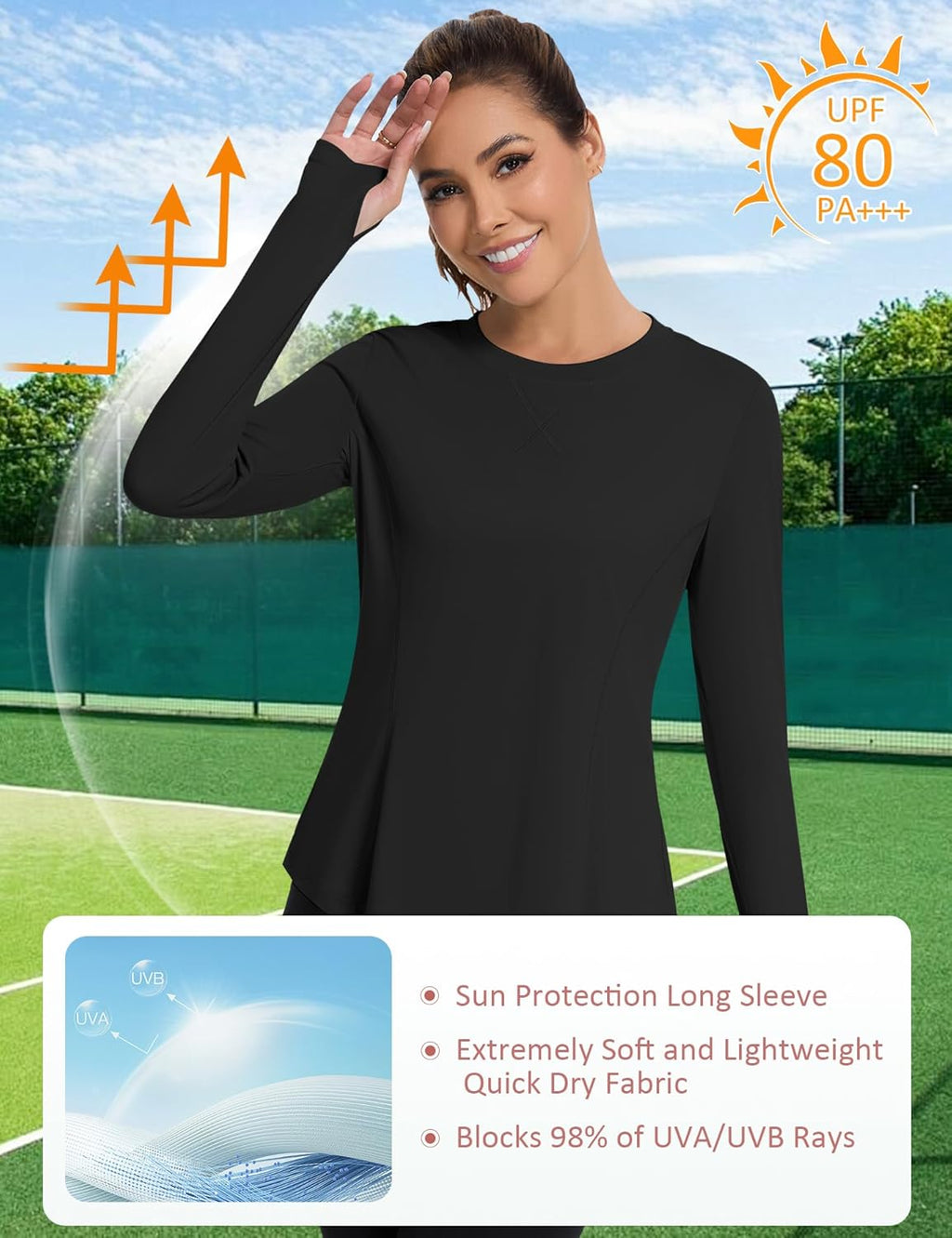 Women UPF 50+ UV Shirts Long Sleeve with Thumb Holes Workout Sun Shirt Quick Dry Athletic Hiking--Black
