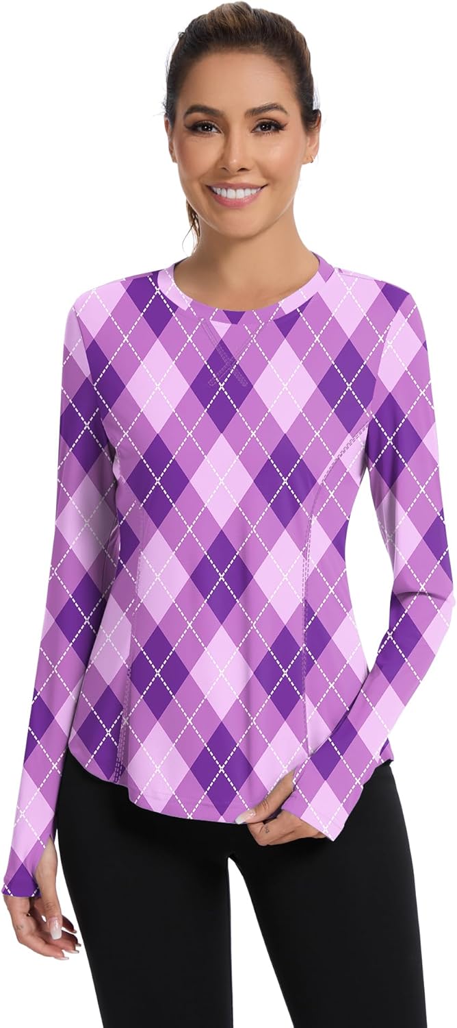 Women UPF 50+ UV Shirts Long Sleeve with Thumb Holes Workout Sun Shirt Quick Dry Athletic Hiking--Purple
