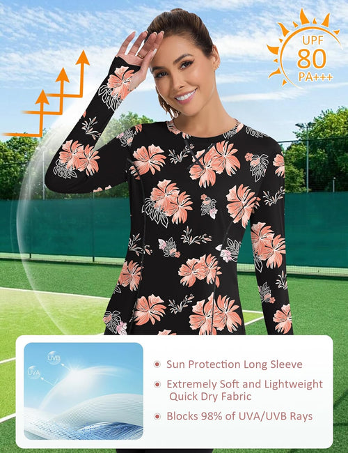 Women UPF 50+ UV Shirts Long Sleeve with Thumb Holes Workout Sun Shirt Quick Dry Athletic Hiking--Black Floral