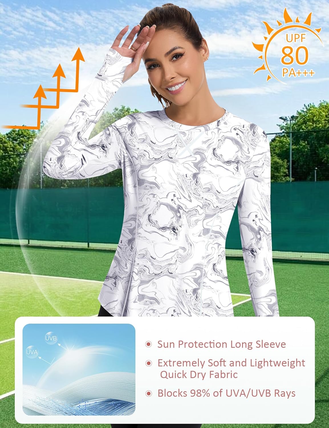 Women UPF 50+ UV Shirts Long Sleeve with Thumb Holes Workout Sun Shirt Quick Dry Athletic Hiking--Black-white