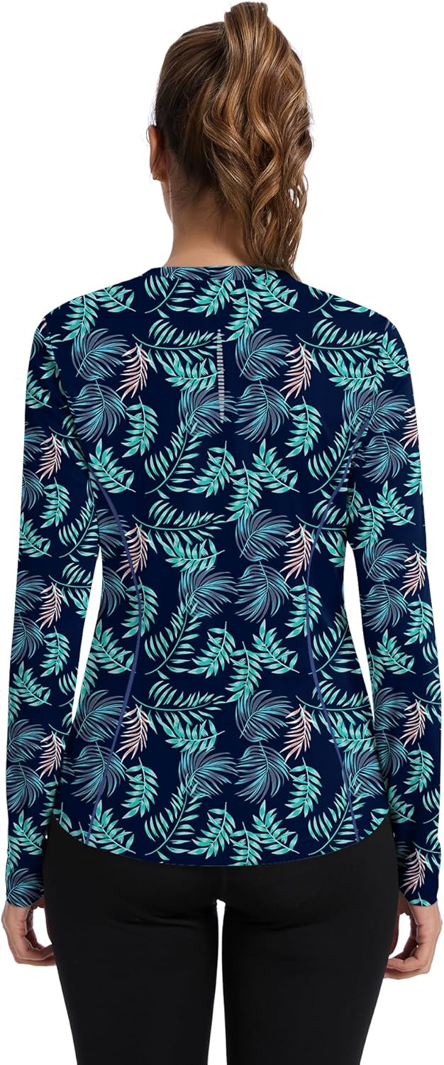 Women UPF 50+ UV Shirts Long Sleeve with Thumb Holes Workout Sun Shirt Quick Dry Athletic Hiking--Leaves Navy Blue