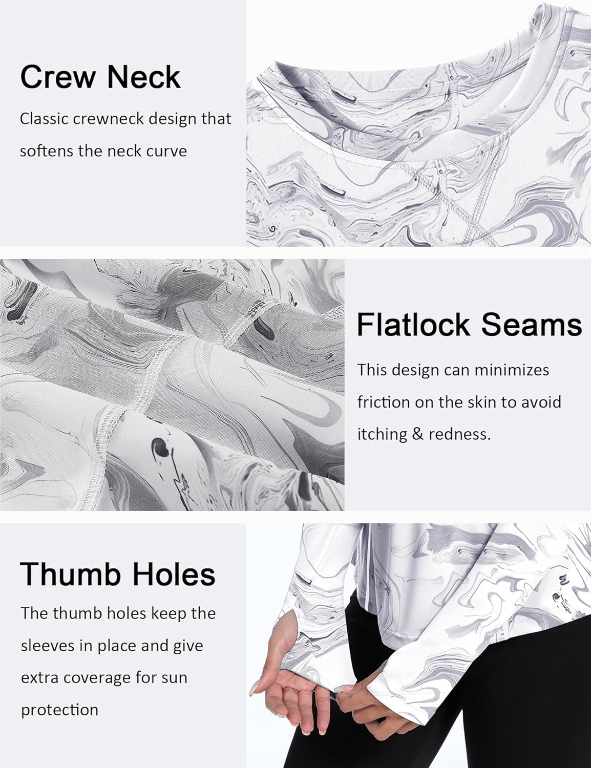 Women UPF 50+ UV Shirts Long Sleeve with Thumb Holes Workout Sun Shirt Quick Dry Athletic Hiking--Black-white