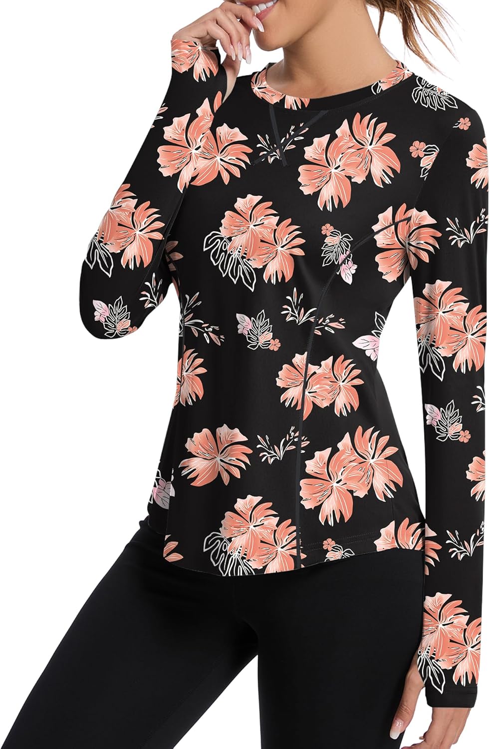 Women UPF 50+ UV Shirts Long Sleeve with Thumb Holes Workout Sun Shirt Quick Dry Athletic Hiking--Black Floral