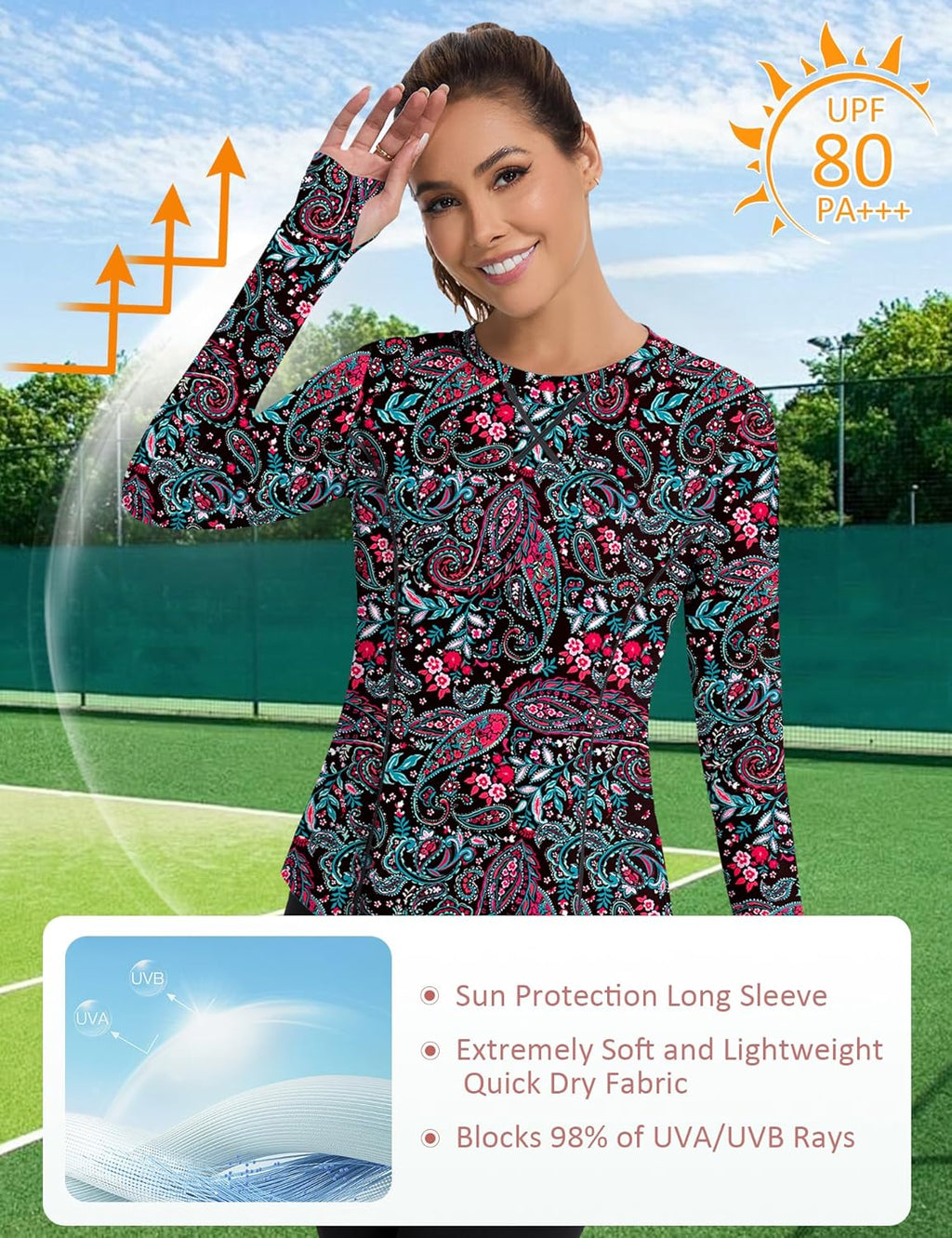 Women UPF 50+ UV Shirts Long Sleeve with Thumb Holes Workout Sun Shirt Quick Dry Athletic Hiking--Black