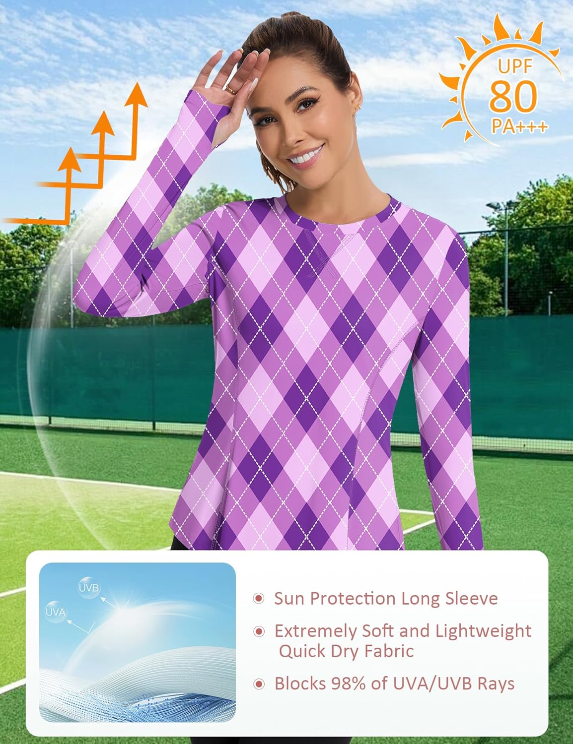Women UPF 50+ UV Shirts Long Sleeve with Thumb Holes Workout Sun Shirt Quick Dry Athletic Hiking--Purple