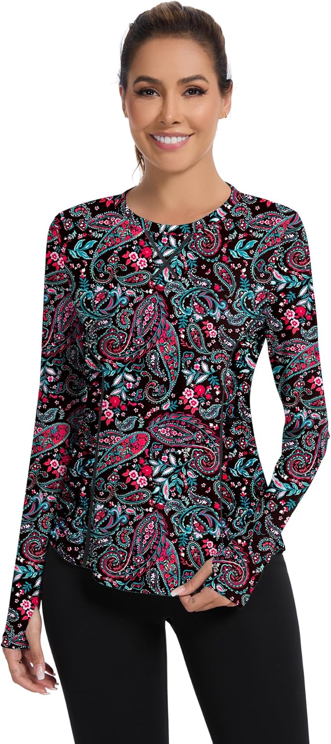 Women UPF 50+ UV Shirts Long Sleeve with Thumb Holes Workout Sun Shirt Quick Dry Athletic Hiking--Black