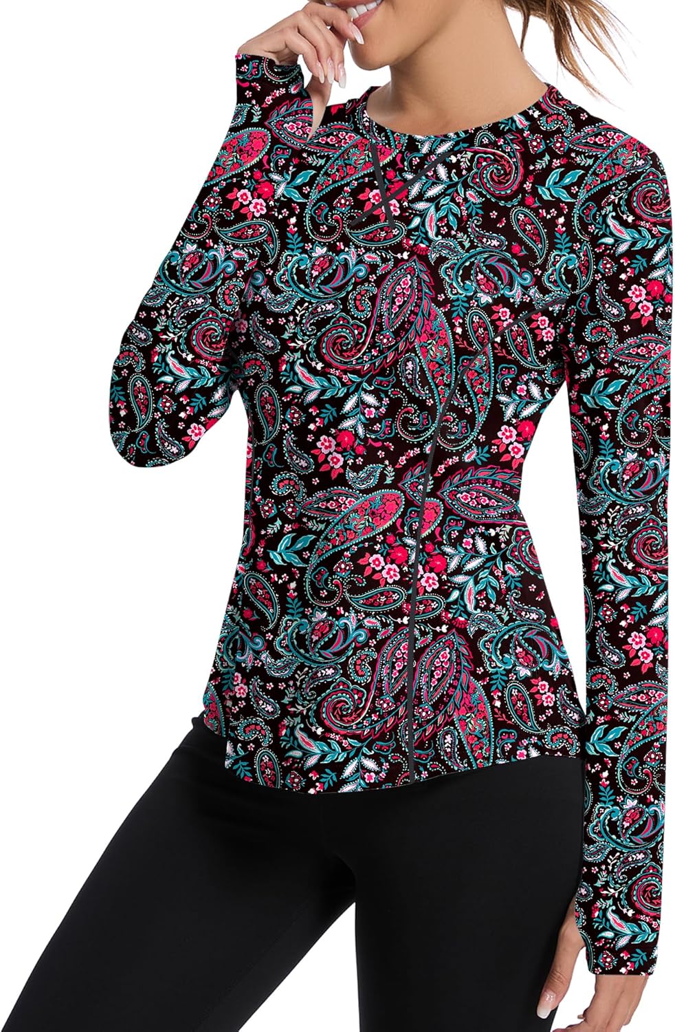 Women UPF 50+ UV Shirts Long Sleeve with Thumb Holes Workout Sun Shirt Quick Dry Athletic Hiking--Black